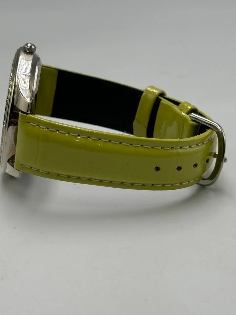 3/$30 Avon Watch Women Silver Tone Green Patent Faux Leather Band New Battery